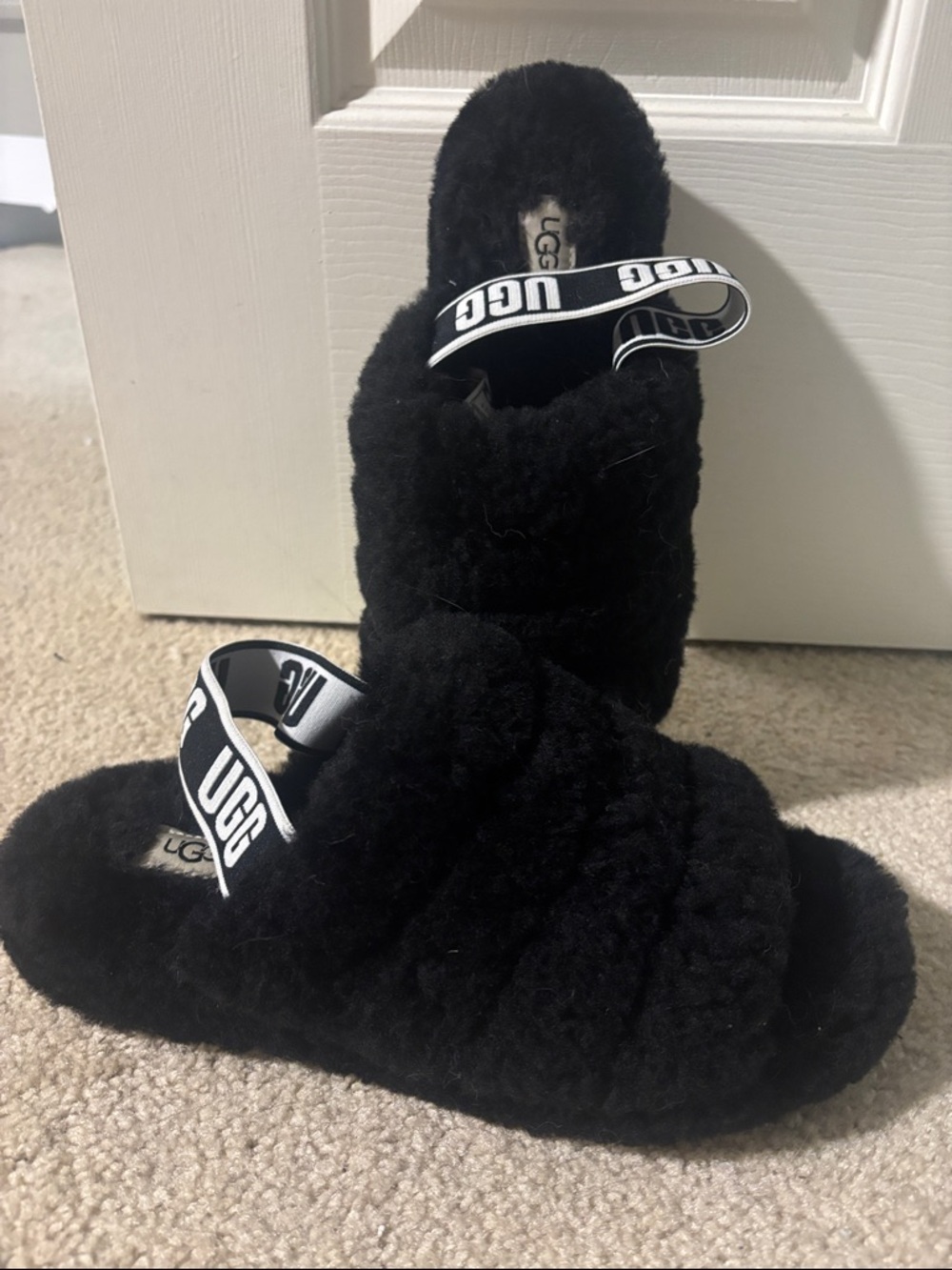 UGG Black Fuzzy Slide Sandals with Branded Elastic Strap